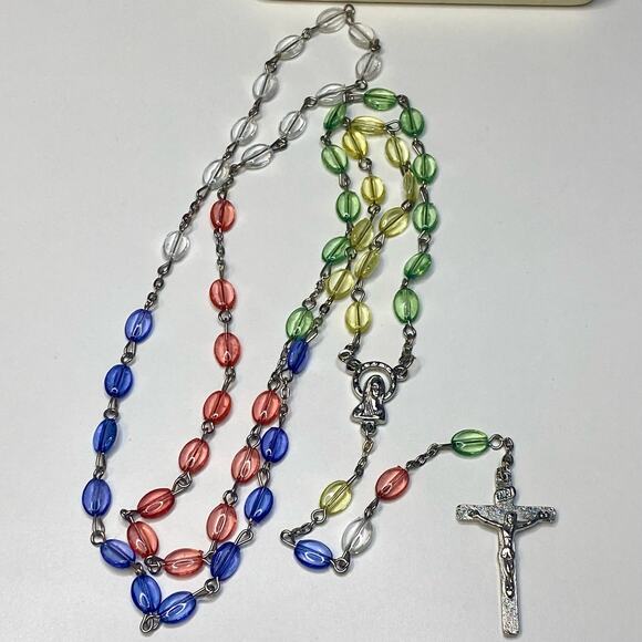 INRI ITALY Vintage Rosary Multi Color Beads Silvertone Necklace Prayer - Picture 1 of 9